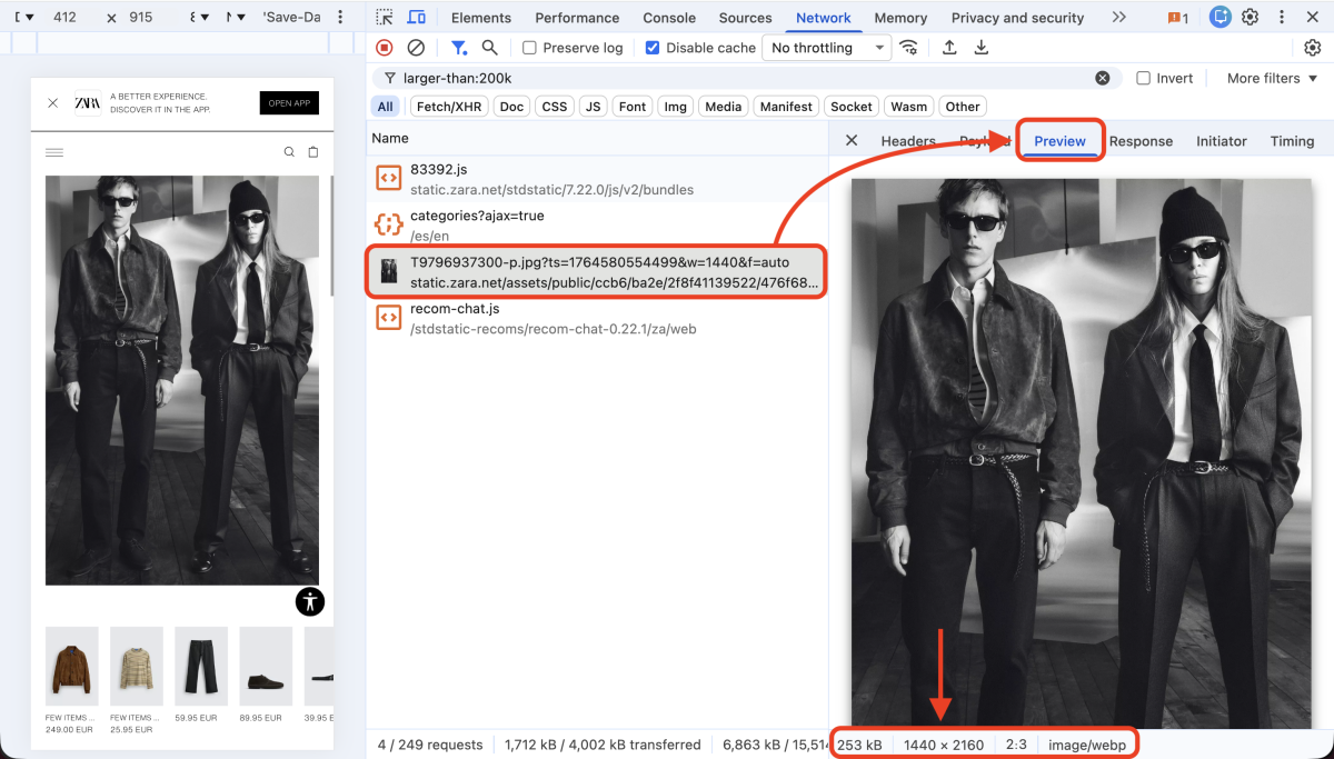 Zara.com: DevTools Network Tab, Image Preview