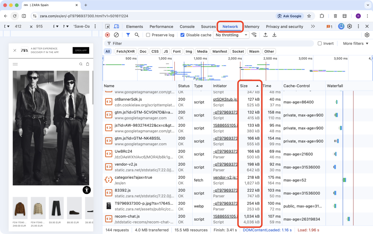 Zara.com: DevTools Network Tab