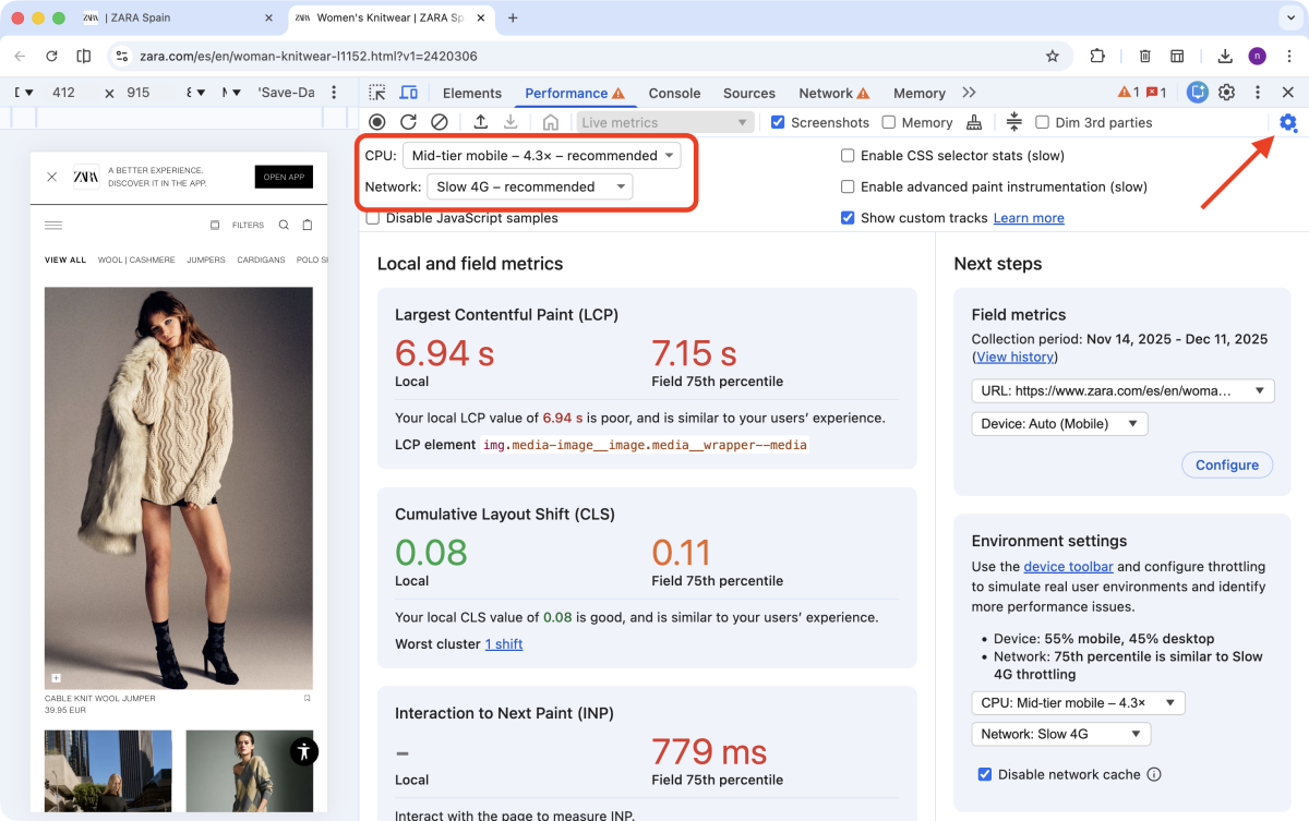 Zara.com: DevTools Performance Tab, Environment settings