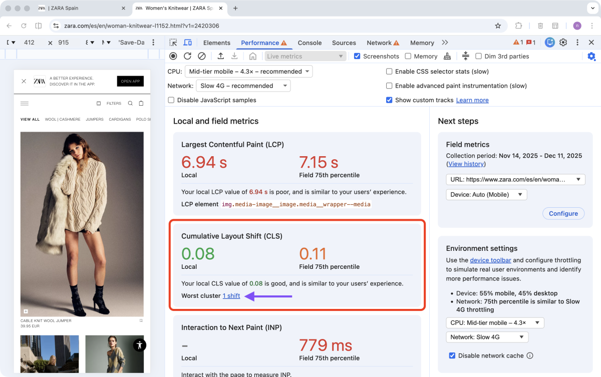 Zara.com: DevTools Performance Tab, CLS