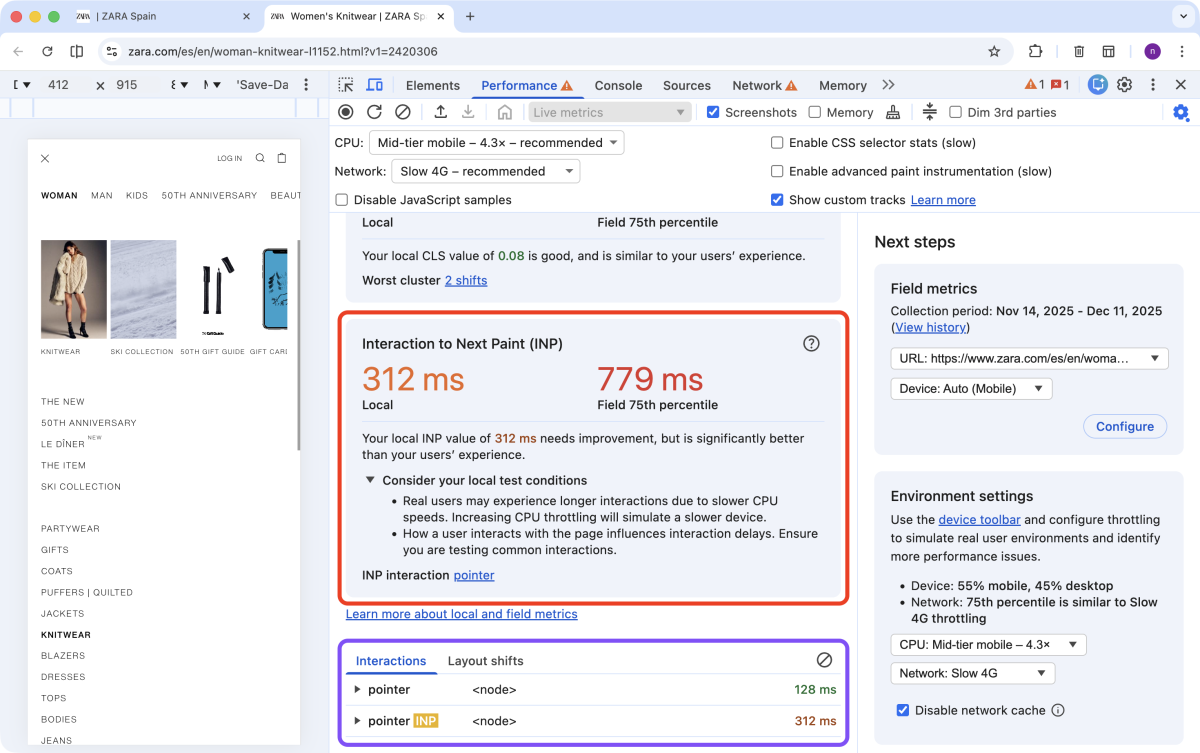 Zara.com: DevTools Performance Tab, INP