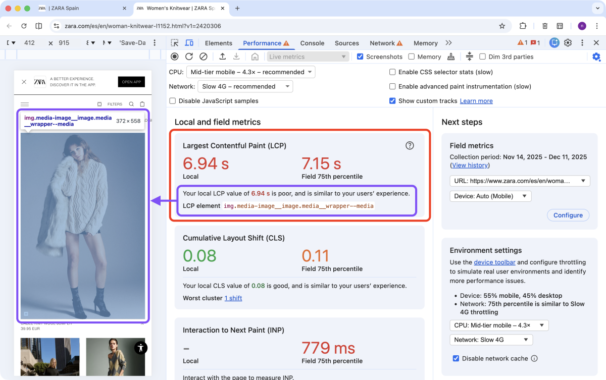 Zara.com: DevTools Performance Tab, LCP