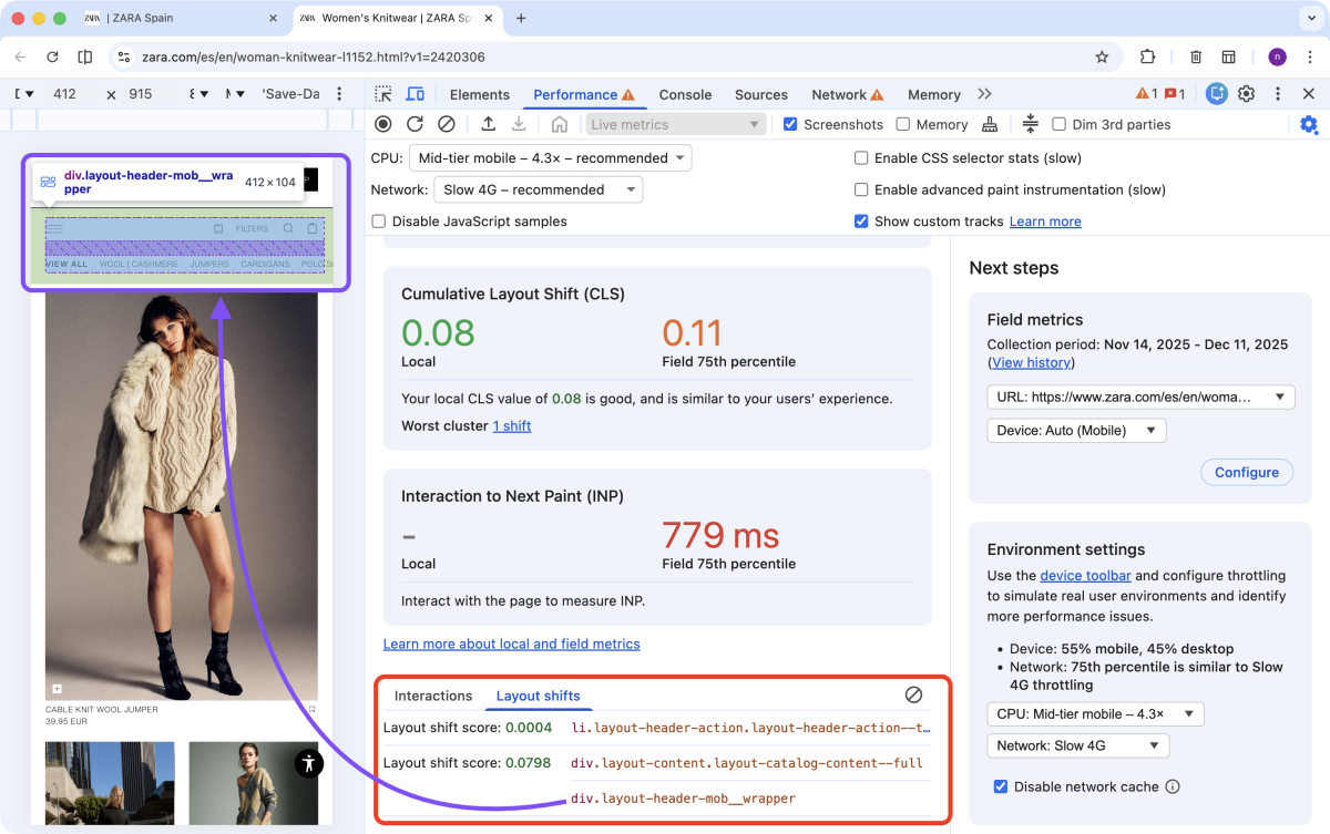 Zara.com: DevTools Performance Tab, Layout shifts