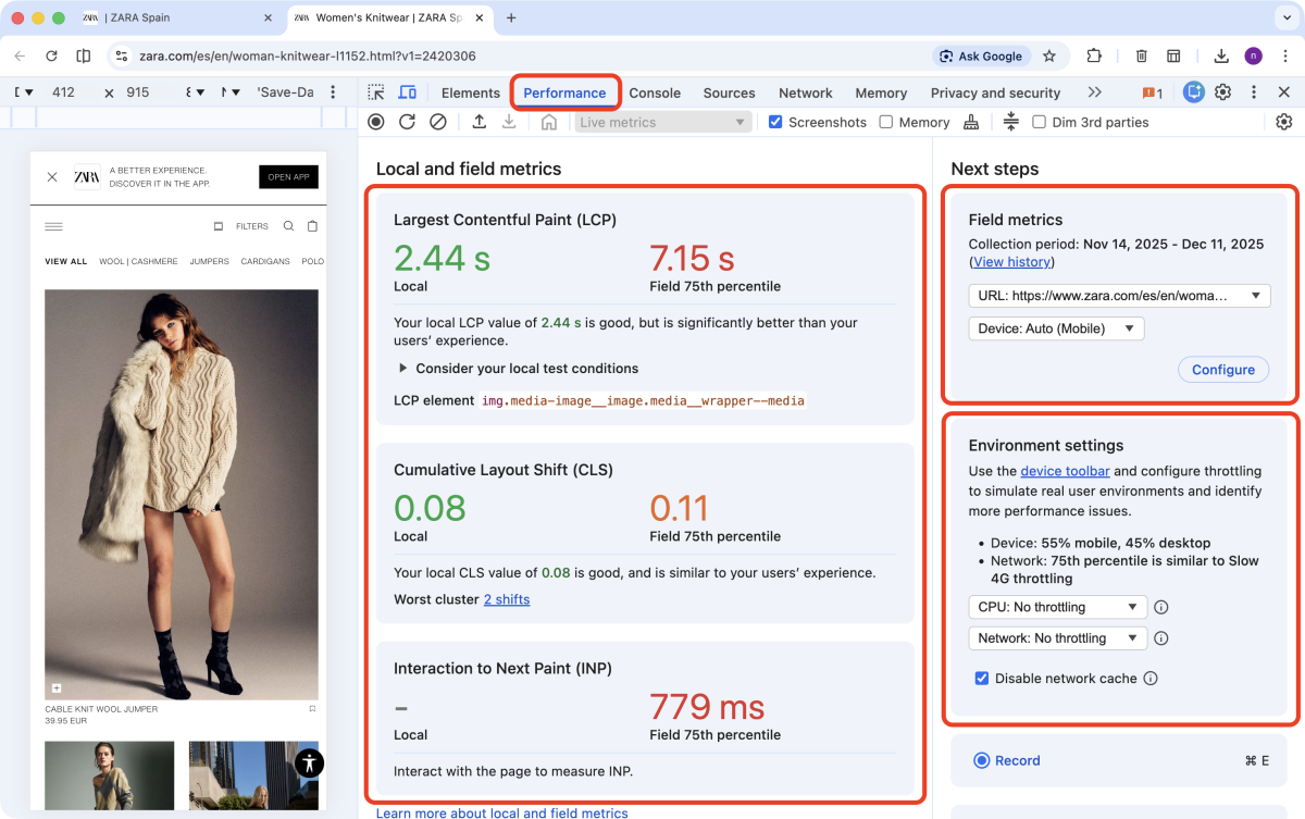 Zara.com: DevTools Performance Tab, Home