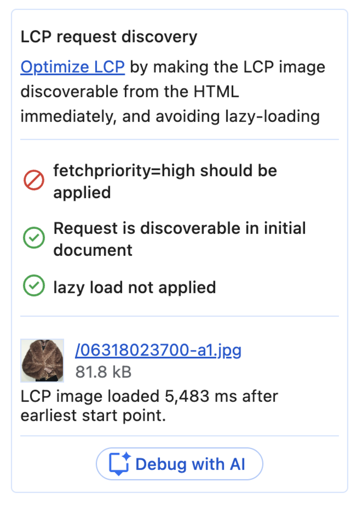 Zara.com: DevTools Performance Tab, Insights LCP request discovery