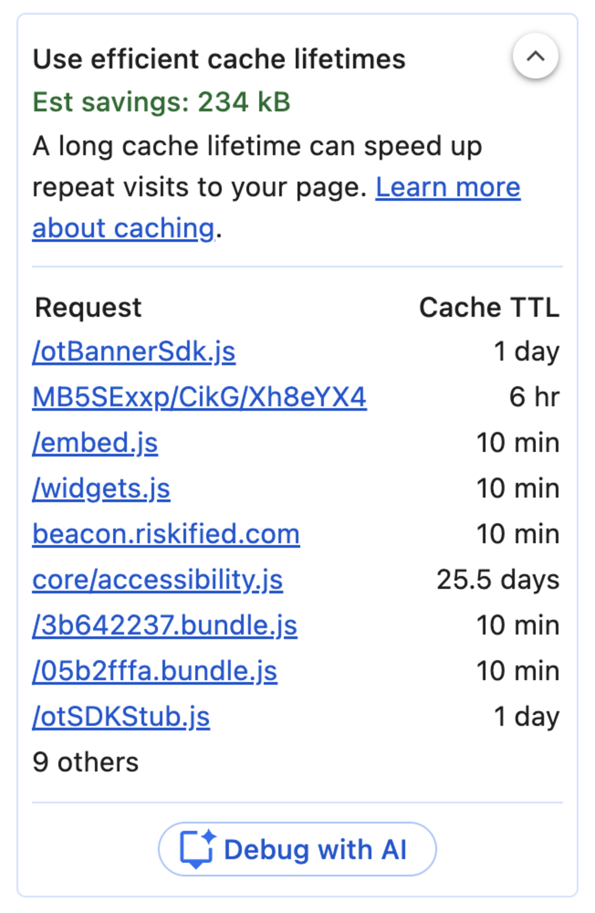 Zara.com: DevTools Performance Tab, Insights Use efficient cache lifetimes