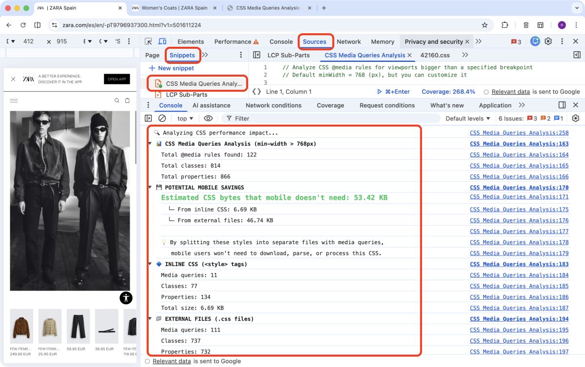 Zara.com: Snippets CSS Media Queries Analysis