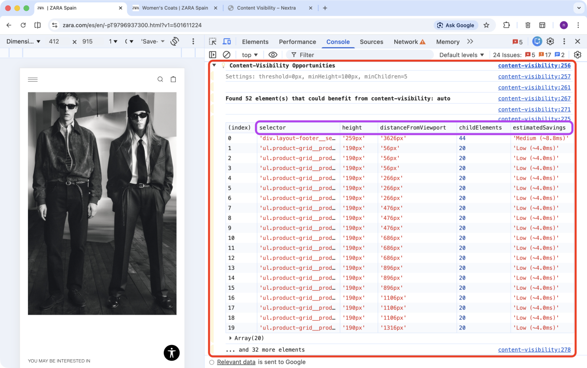 Zara.com: Snippets Content-Visibility Opportunities