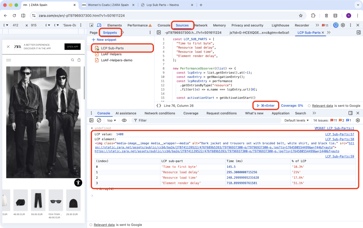 Zara.com: Snippets LCP Sub-Parts