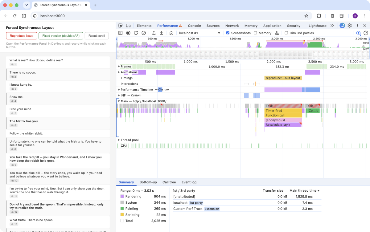 Flame chart del Performance Panel de Chrome DevTools mostrando un RunTask largo con Timer Fired, Function Call y Recalculate Style provocado por un Forced Synchronous Layout