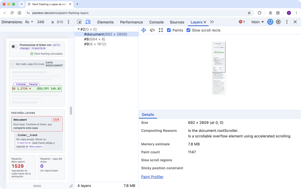 Pestaña Layers de Chrome DevTools con la capa #document seleccionada: muestra un Paint count alto y creciente y, en Compositing reasons, que es el document.rootScroller con scroll acelerado.