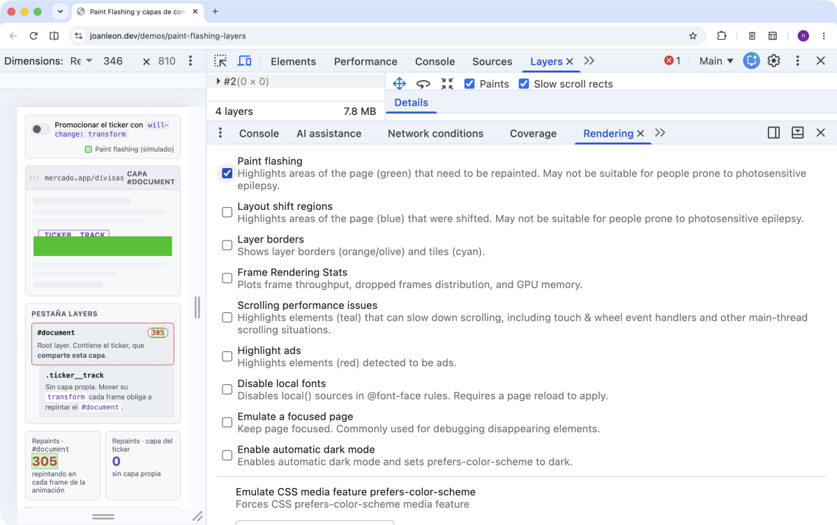 Panel Rendering de Chrome DevTools con la casilla Paint flashing activada; el .ticker__track aparece resaltado en verde porque se repinta en cada frame, mientras el contador de repaints del #document sigue subiendo.