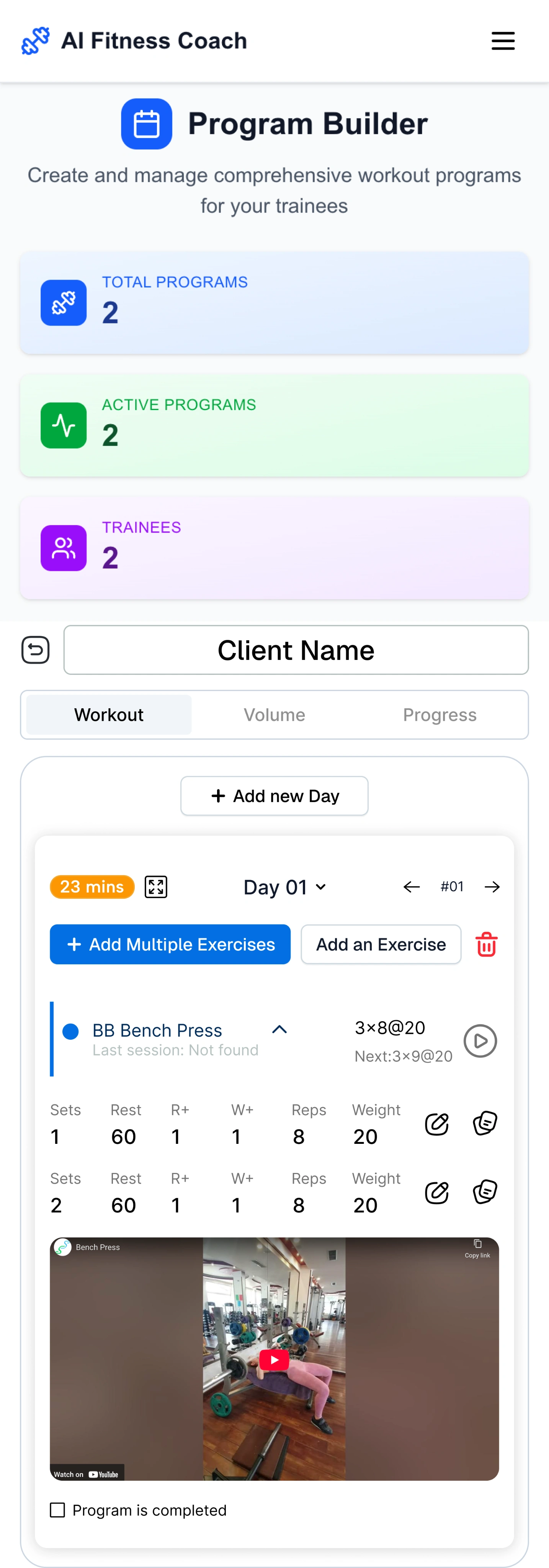 AI Fitness Coach program builder on mobile