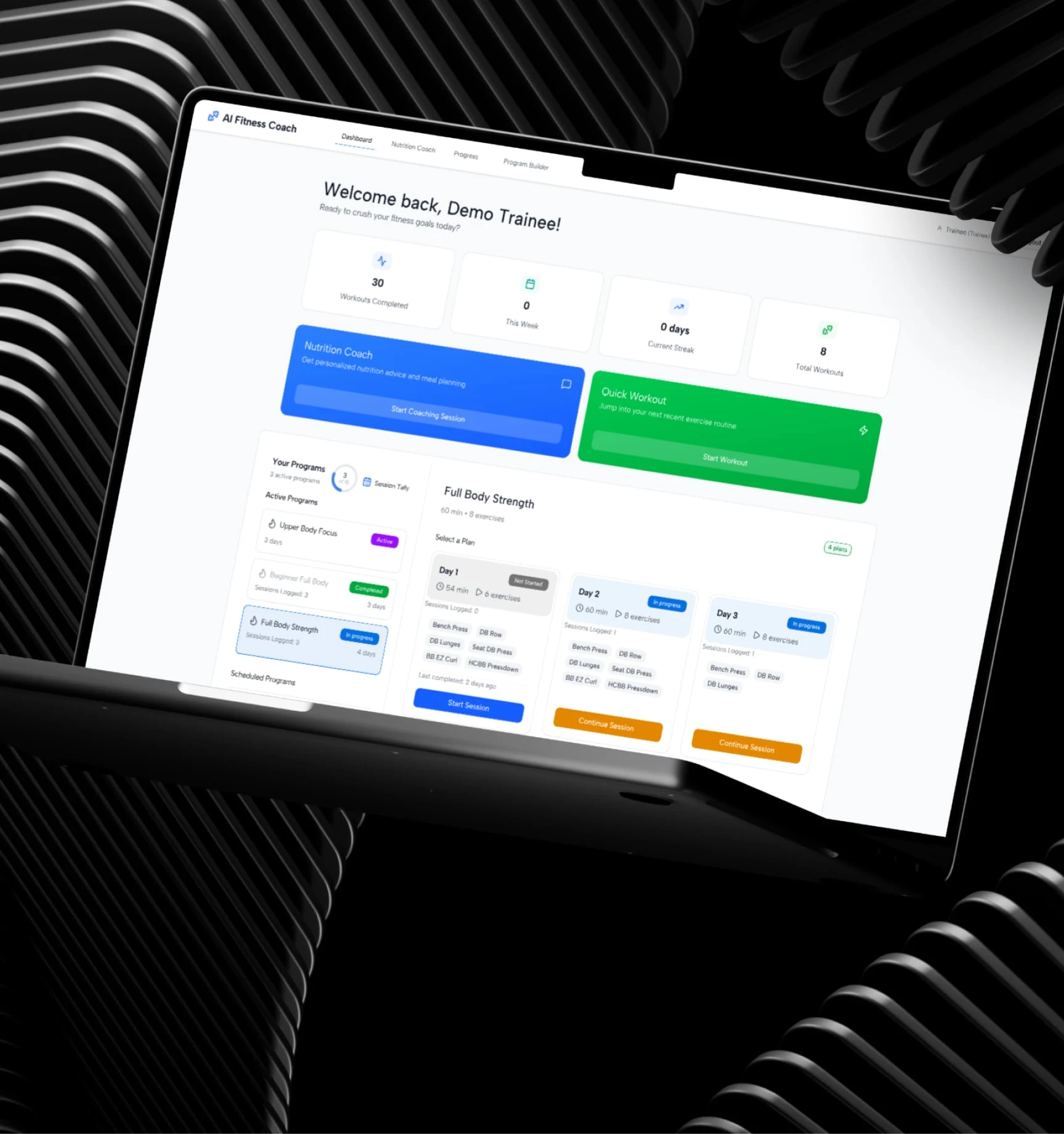 AI Fitness Coach trainee dashboard on a laptop