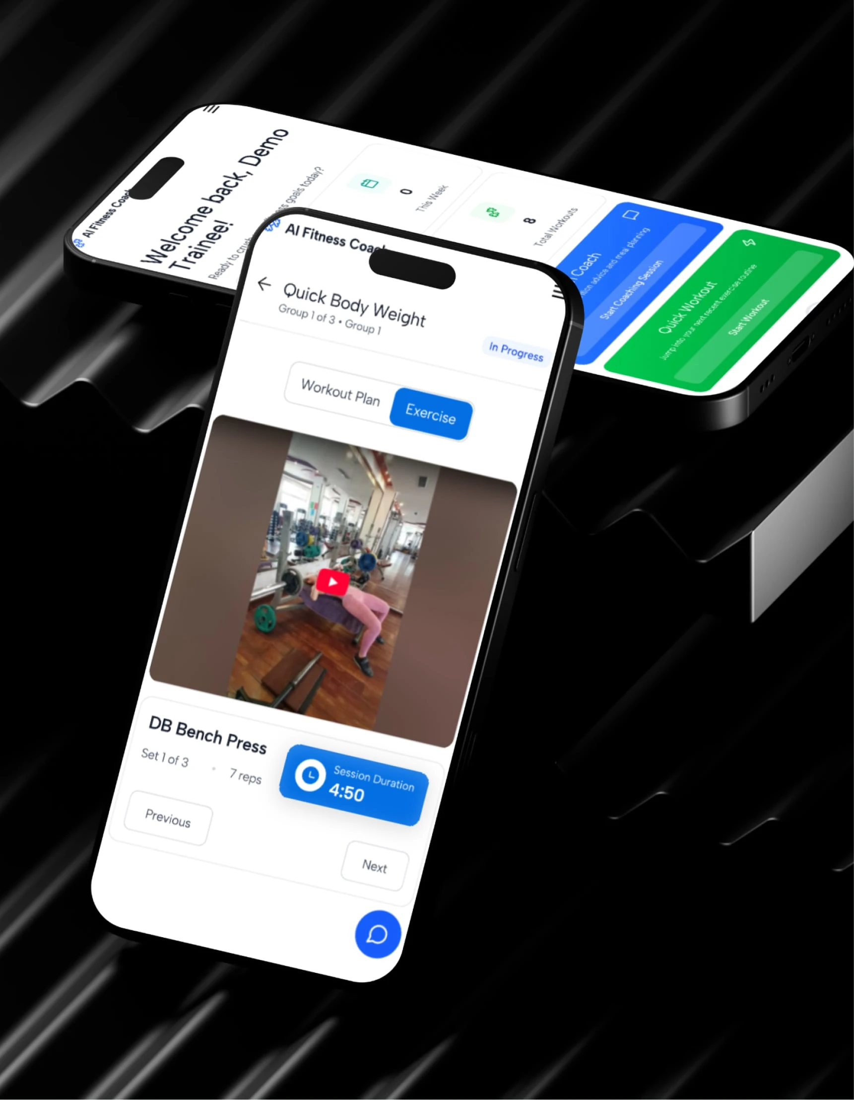 AI Fitness Coach workout session on two phones