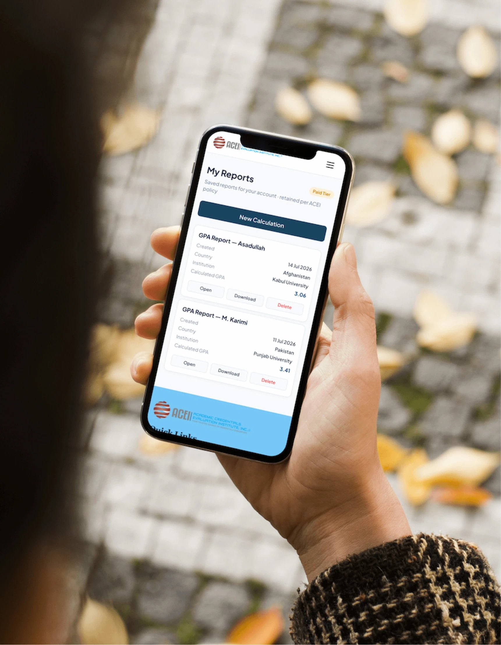 ACEI saved GPA reports on a phone held in hand