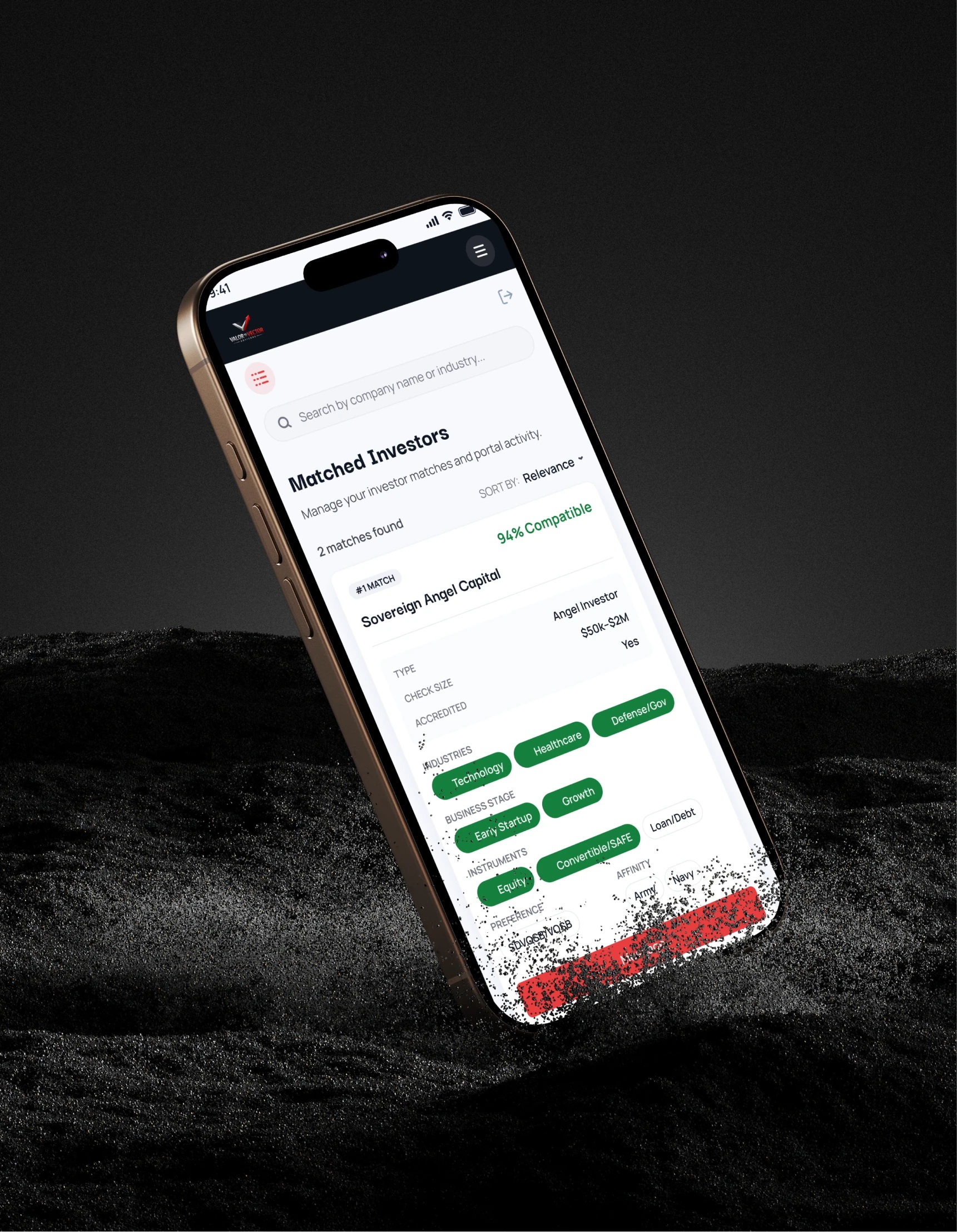 Valor to Vector matched investors on a phone