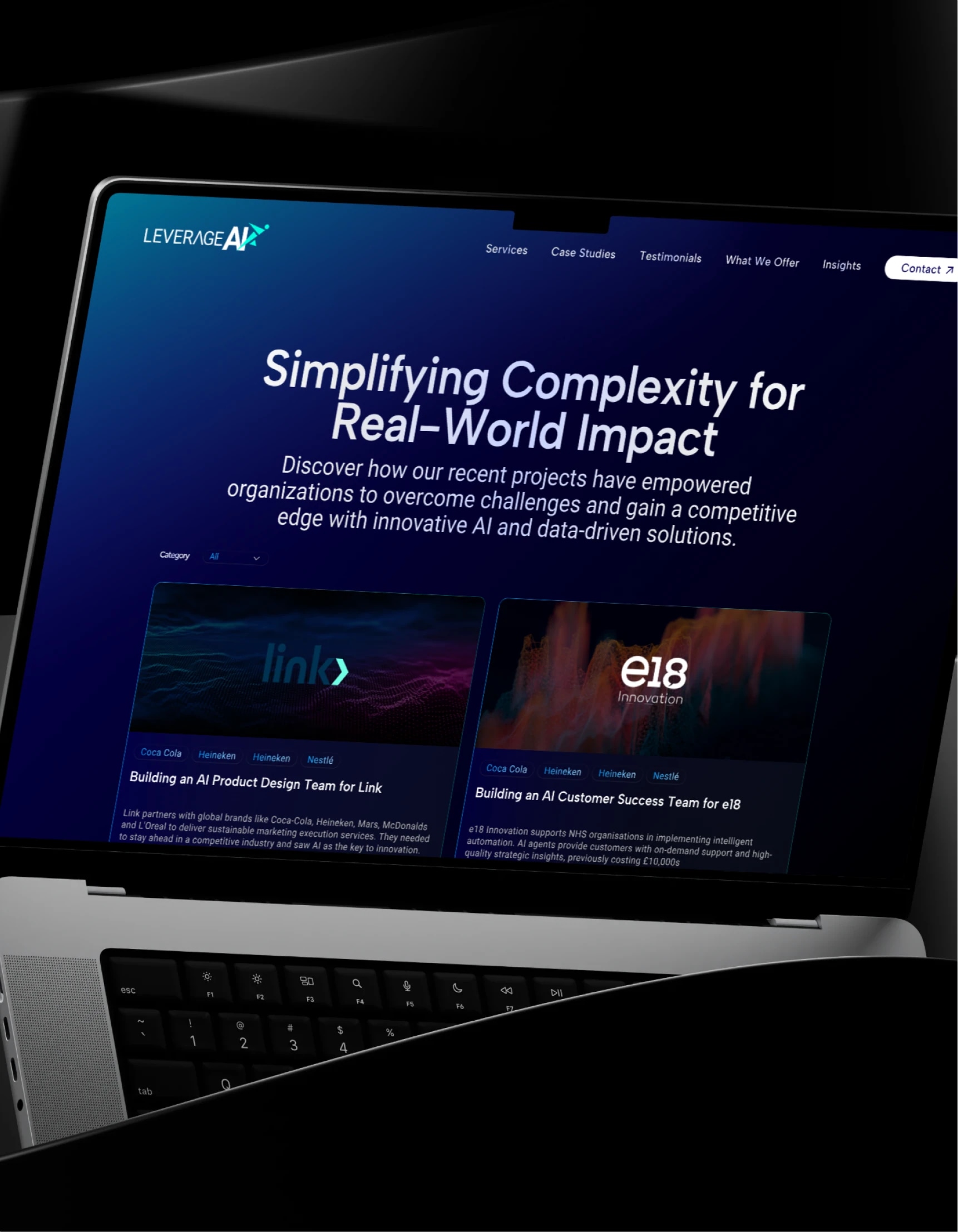 Leverage AI case studies page on a laptop