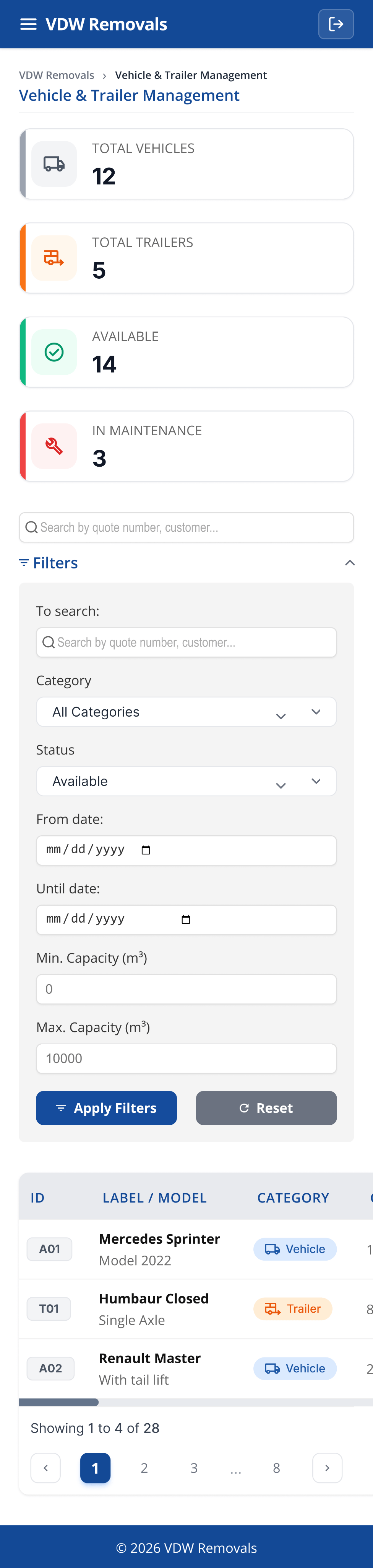 VDW Removals vehicle and trailer management on mobile