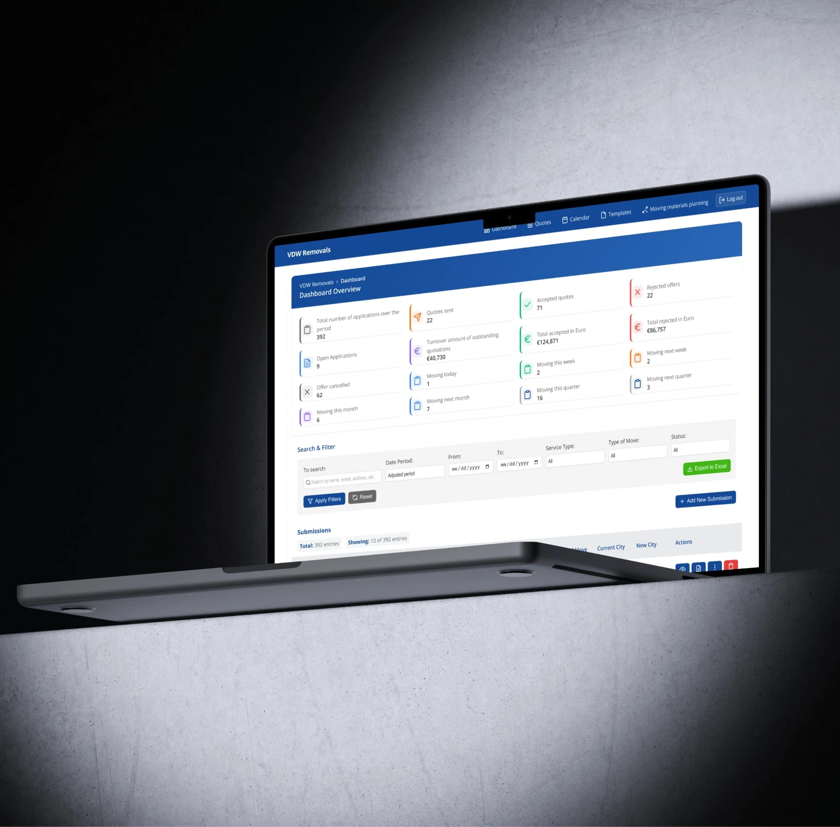 VDW Removals dashboard on a laptop under a spotlight