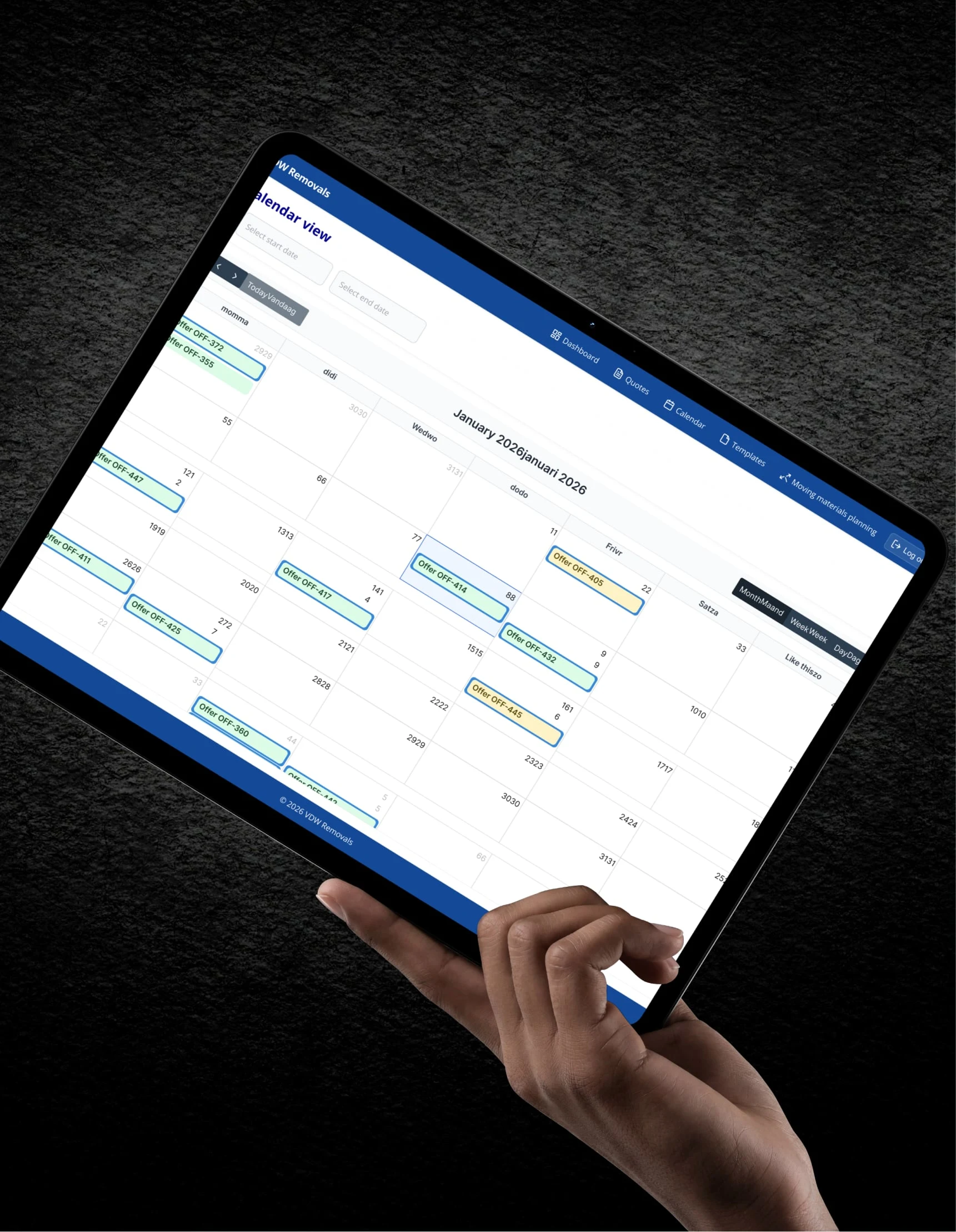 VDW Removals calendar on a tablet held in hand