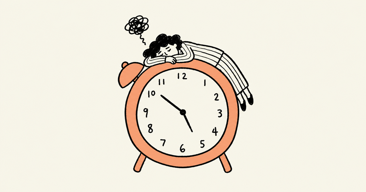 Tired person resting on a large orange alarm clock with a scribbled thought cloud overhead.
