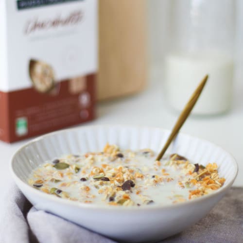 Bol pour le petit-déjeuner avec du pudding de chia, des morceaux de pomme, du granola bio et une cuillère de granola à tartiner