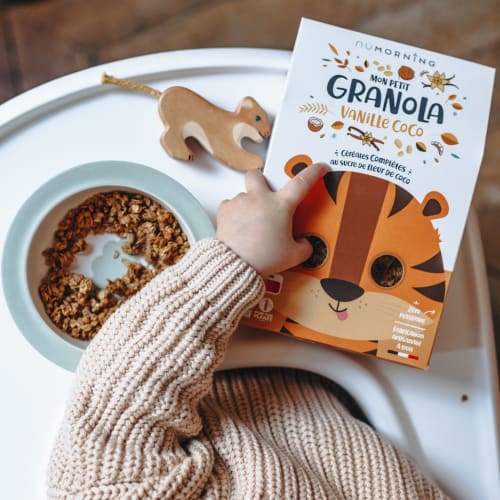 Bol de pudding de chia avec des quartiers de pommes, du granola maison et une cuillère de granola à tartiner