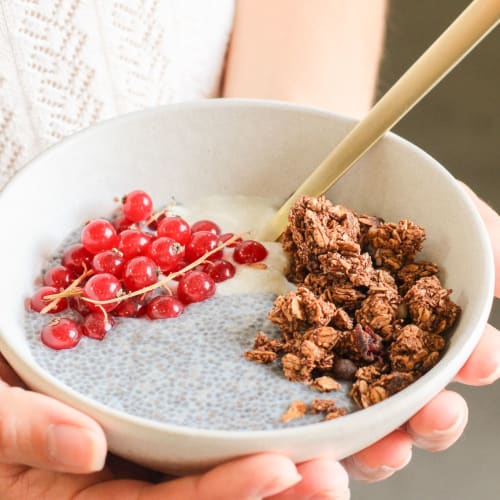 Bol pour le petit-déjeuner avec du pudding de chia, des morceaux de pomme, du granola bio et une cuillère de granola à tartiner