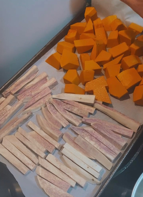 chopped up sweet potato and pumpkin