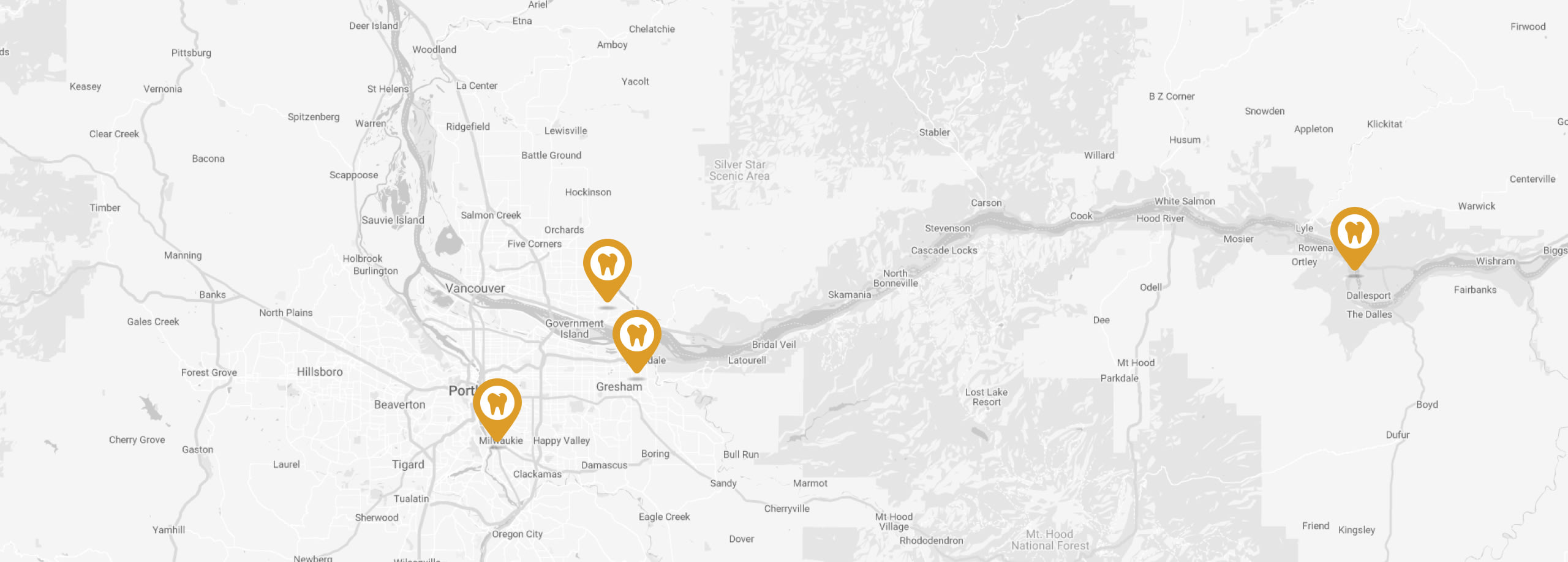 Map of Gresham, The Dalles, and Milwaukie, OR, and Camas, WA.