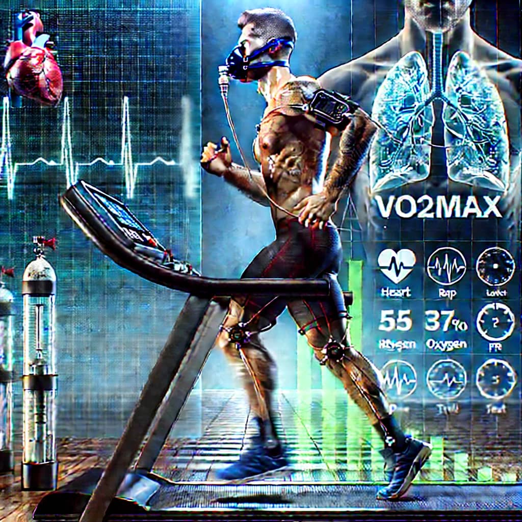 DALLC2B7E 2024 09 29 20.59.32 A highly realistic image showing a fit person male or female running on a treadmill while connected to an oxygen mask and monitors symbolizing a VO