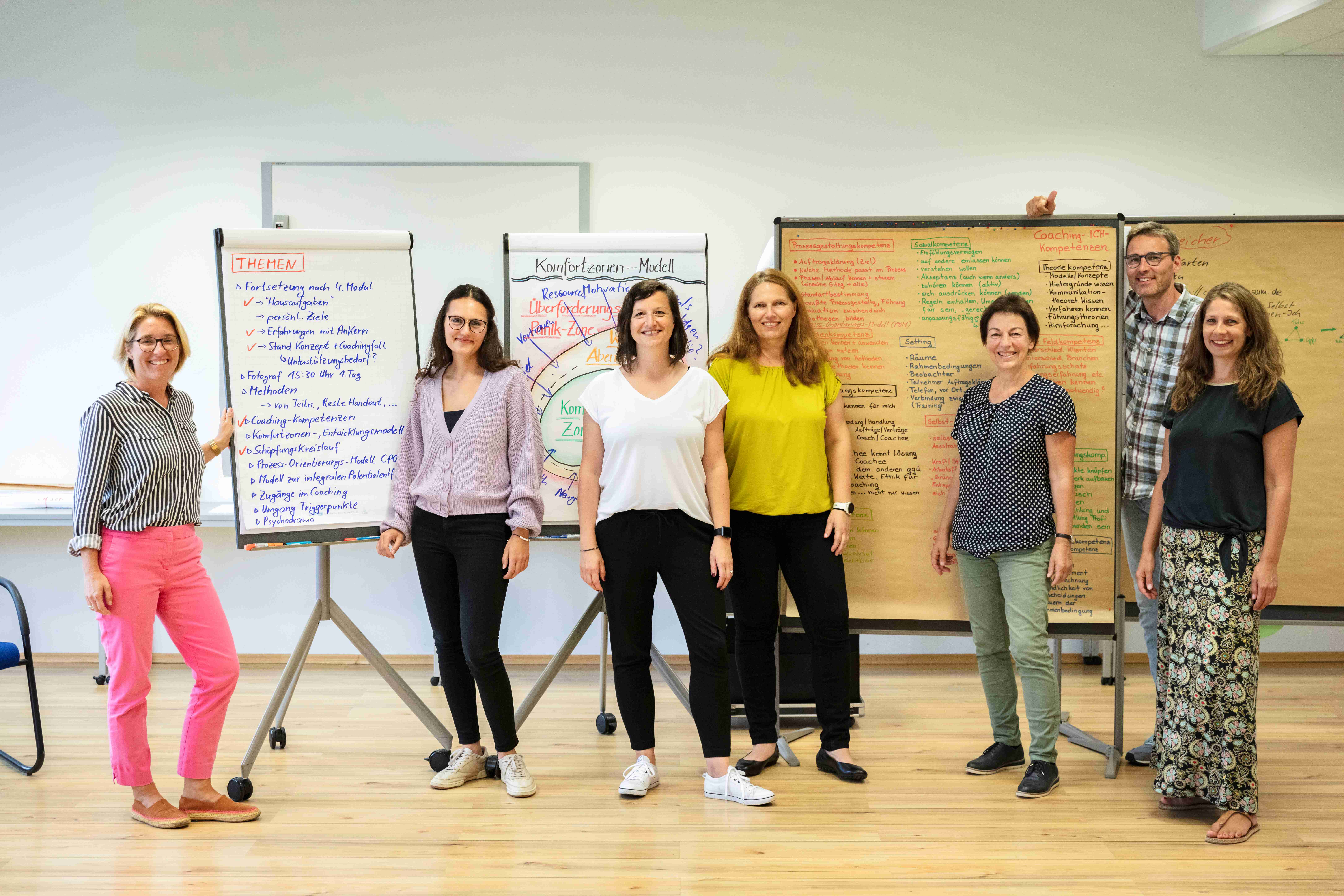 Gruppe der Coachingausbildung bei firm Leipzig vor Flipcharts