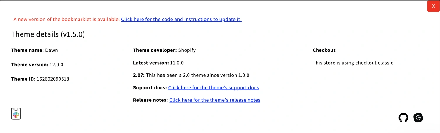 Screenshot of the Shopify Theme Details Bookmarklet project