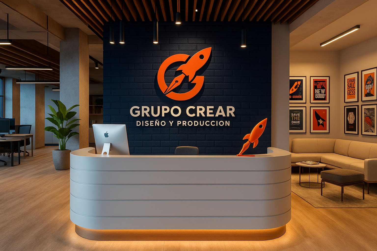 Recepción corporativa con avisos de marca Grupo Crear
