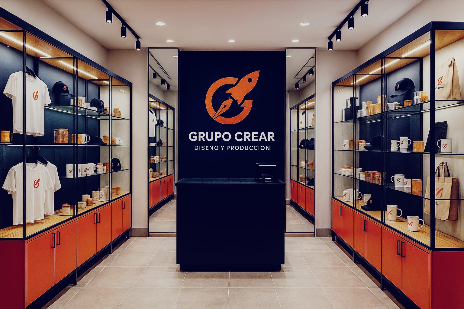 Showroom con sistemas de exhibición y stands