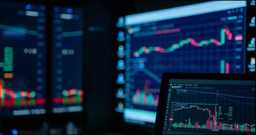 Trader analyzing multiple charts on CFD trading platform monitors displaying price trends and market data.