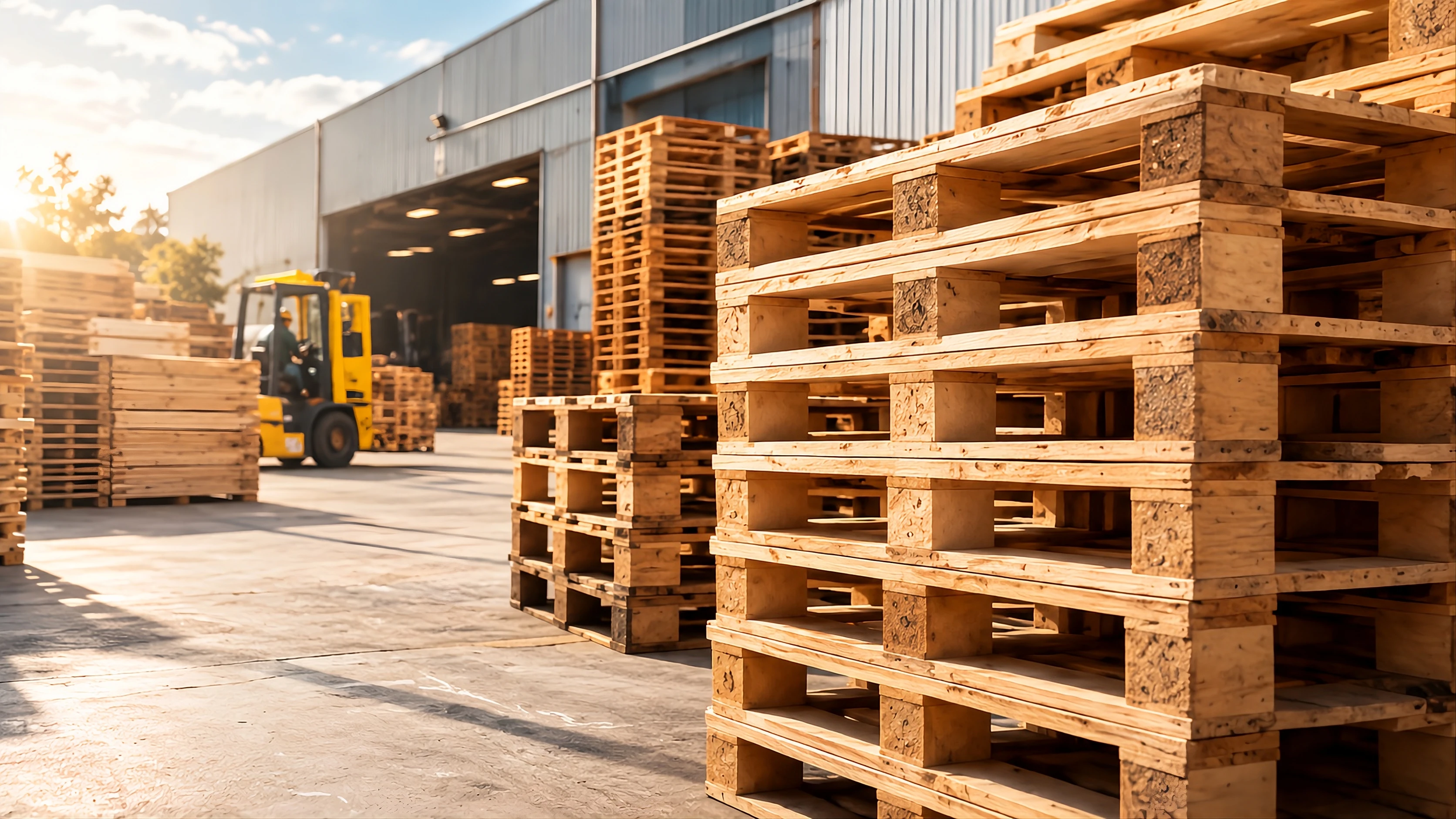 Planta de Pallets Los Inmigrantes con pilas de pallets de madera