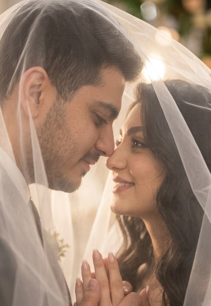 پرتره عروس و داماد زیر تور شفاف