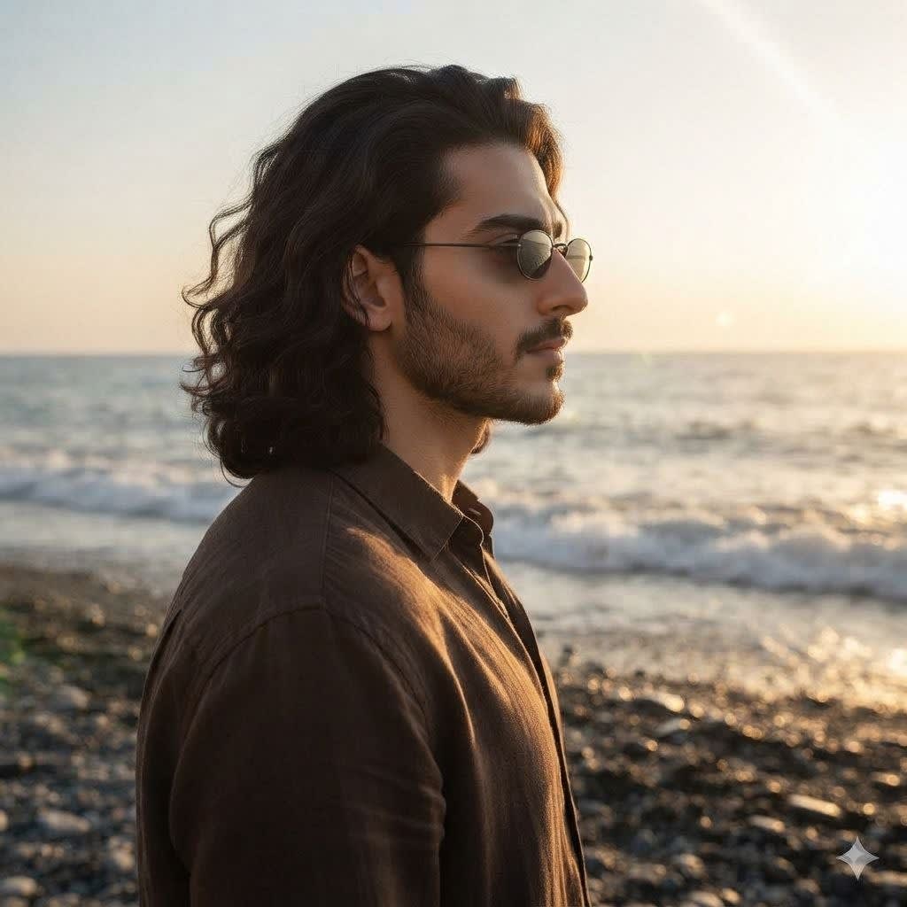 پرتره نیمرخ مرد در غروب دریا