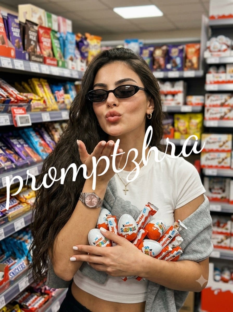 تصویر پرامپت پرتره دختر جوان با شکلات کیندر | PromptsFA