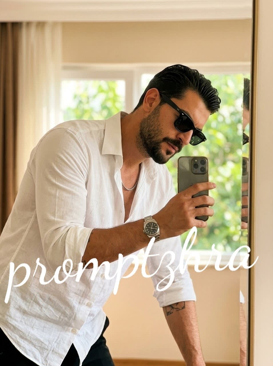 تصویر پرامپت سلفی آینهای استایل طبیعی | PromptsFA