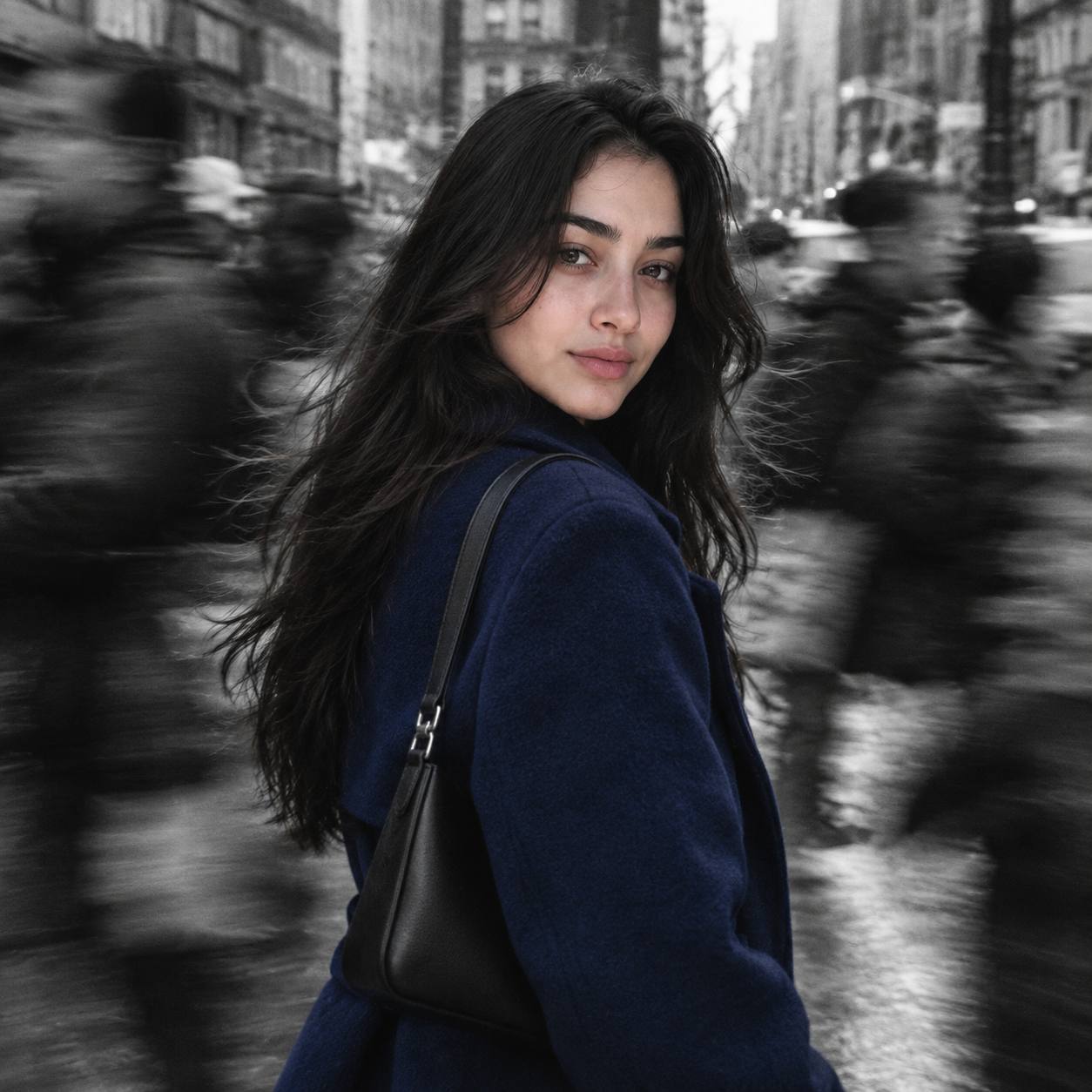 تصویر پرامپت پرتره سینمایی شهری با رنگ انتخابی | PromptsFA