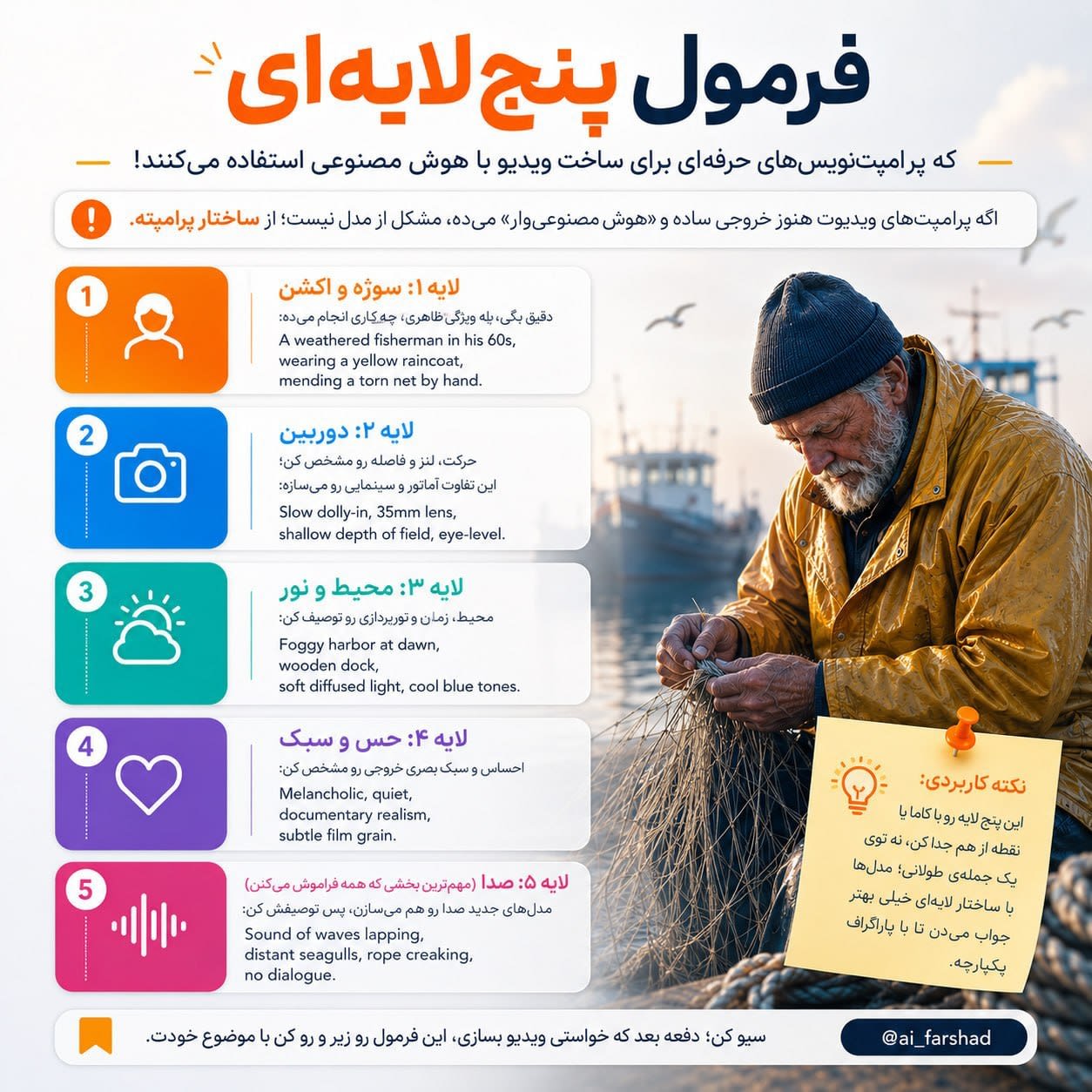 تصویر پرامپت ماهیگیر پیر در اسکله مهآلود | PromptsFA