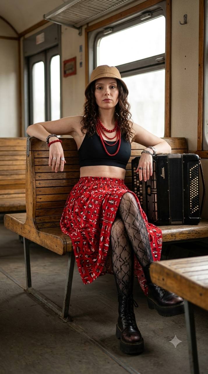 تصویر پرامپت عکاسی مد اسلاو در قطار قدیمی | PromptsFA