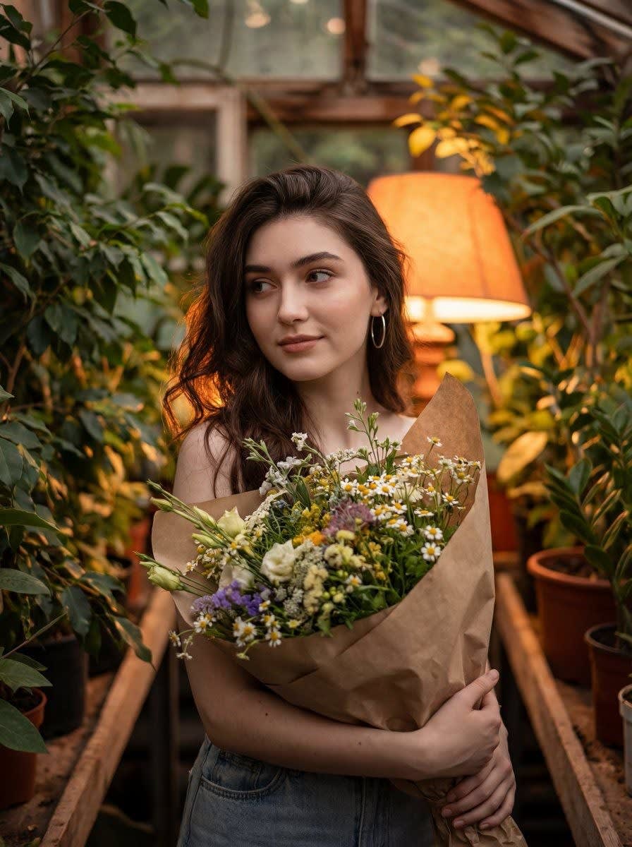 تصویر پرامپت دختر جوان با دسته گل و گیاهان سرسبز | PromptsFA
