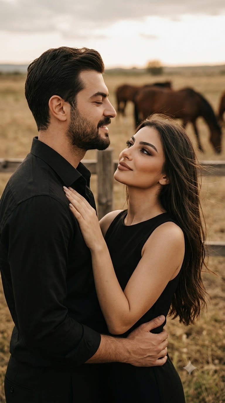 تصویر پرامپت پرتره صمیمی زوج در دشت طلایی | PromptsFA
