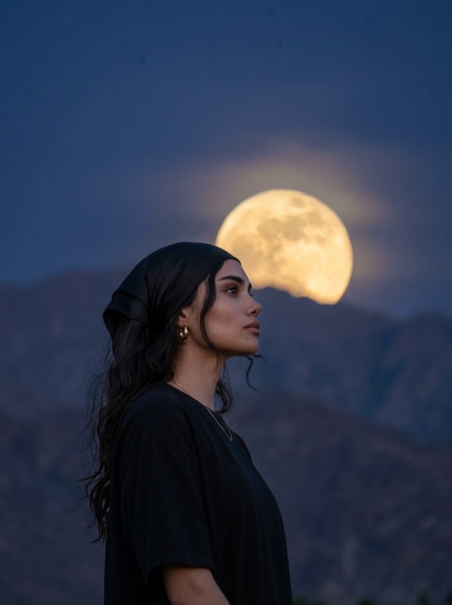 تصویر پرامپت پرتره دختر و ماه کامل | PromptsFA