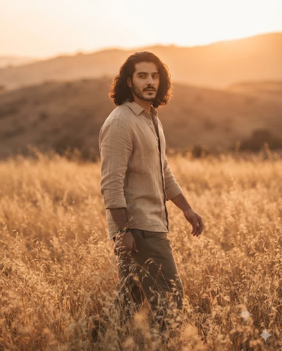 تصویر پرامپت پرتره سینمایی در گندمزار طلایی هنگام غروب | PromptsFA