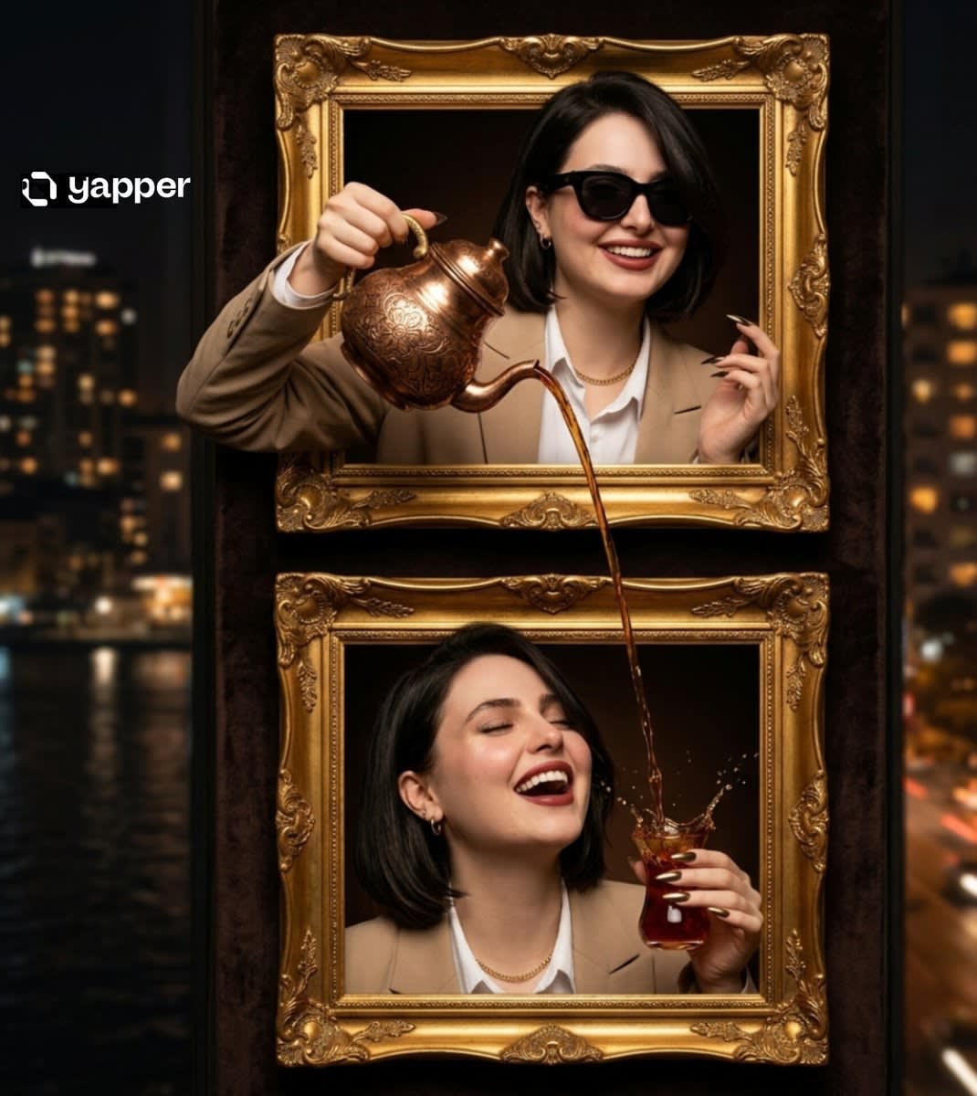 تصویر پرامپت ترکیب سوررئال و سینمایی دو فریم چای ریختن | PromptsFA